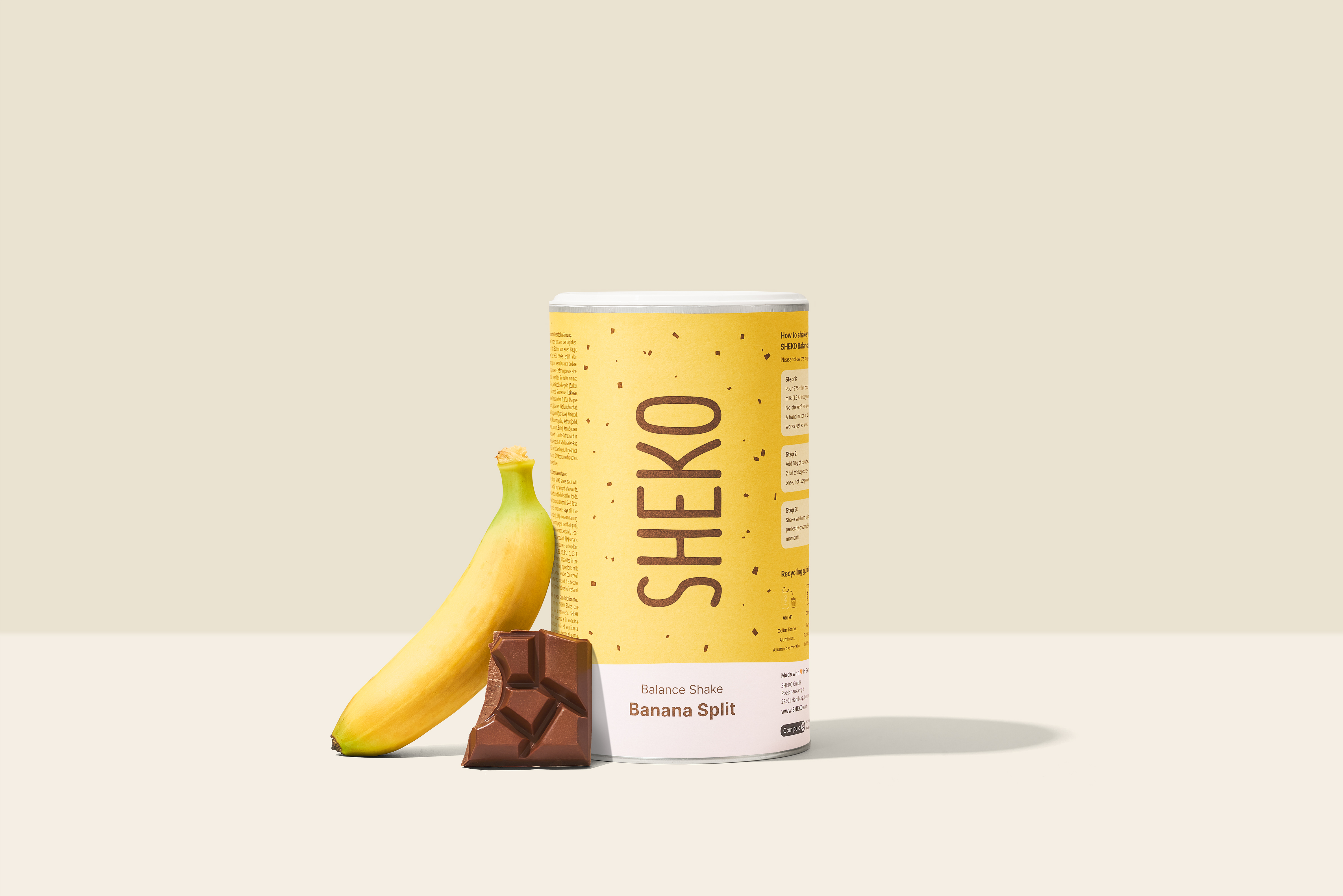 Professionelles Produktfoto eines SHEKO-Shakes mit appetitlichem Styling